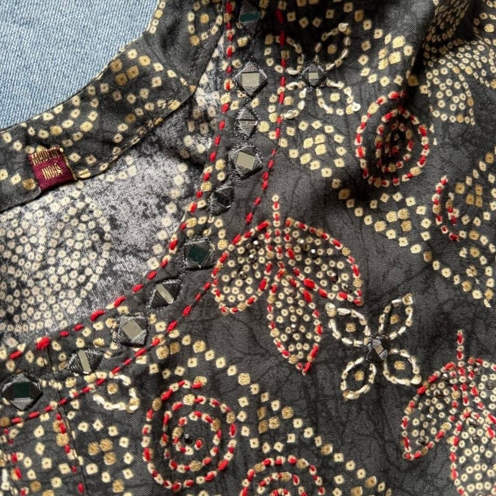 Indian cotton maxi dress XL gray red embroidery gold mirror boho pattern - Picture 6 of 8